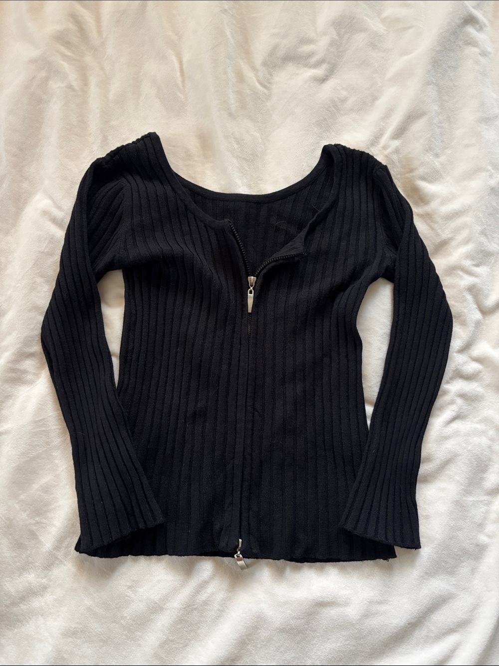 Black Ribbed Zip-Front Long Sleeve Top